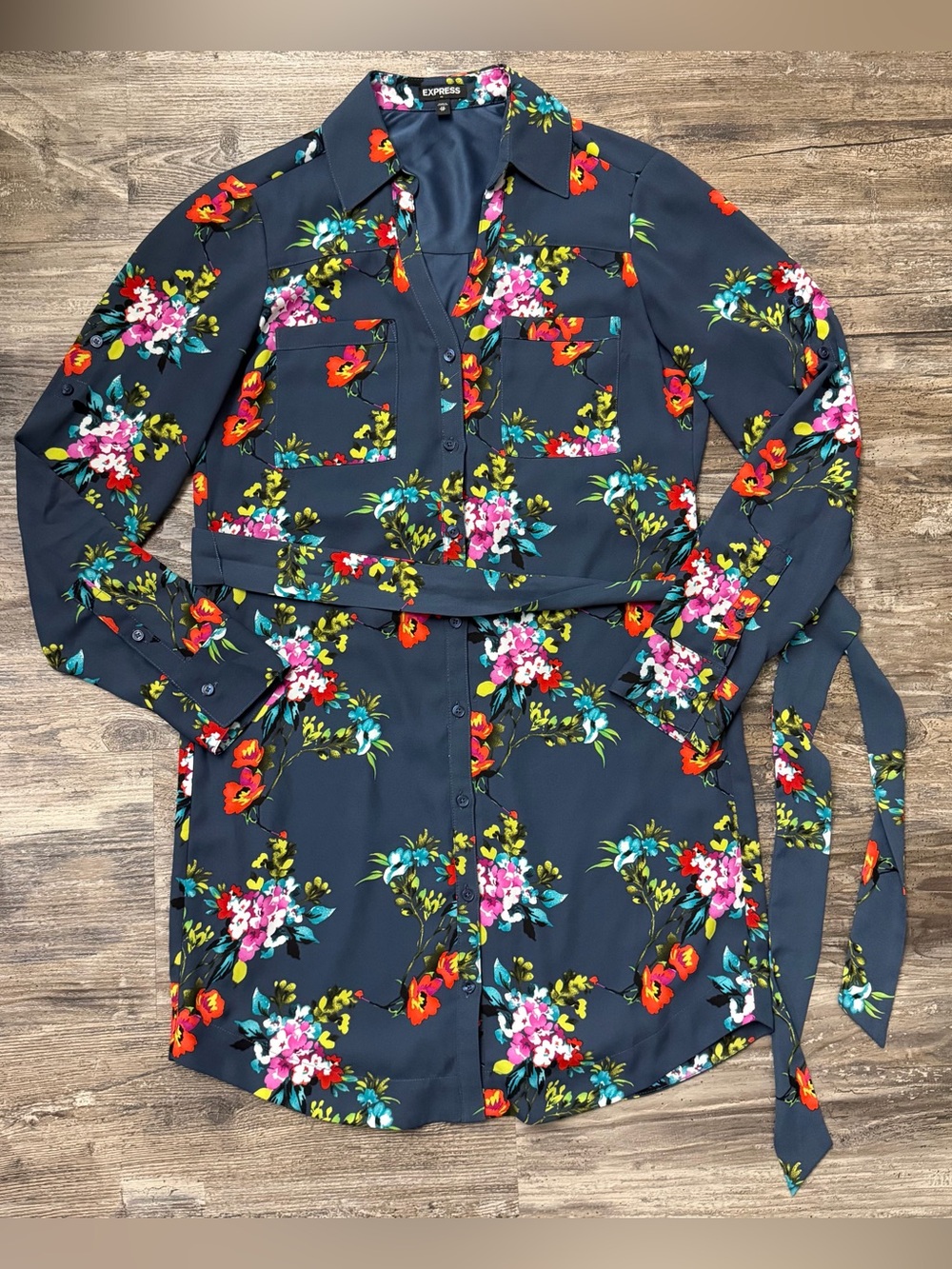 Express Navy Blue/Gray Floral Long Sleeve Button-Front Belted Shirt Dress Sz XS